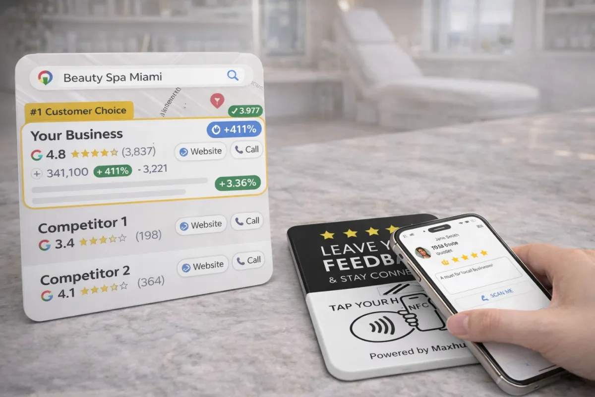 MaxTap NFC card on a counter with a phone tapping it, showing Google search results with improved ratings