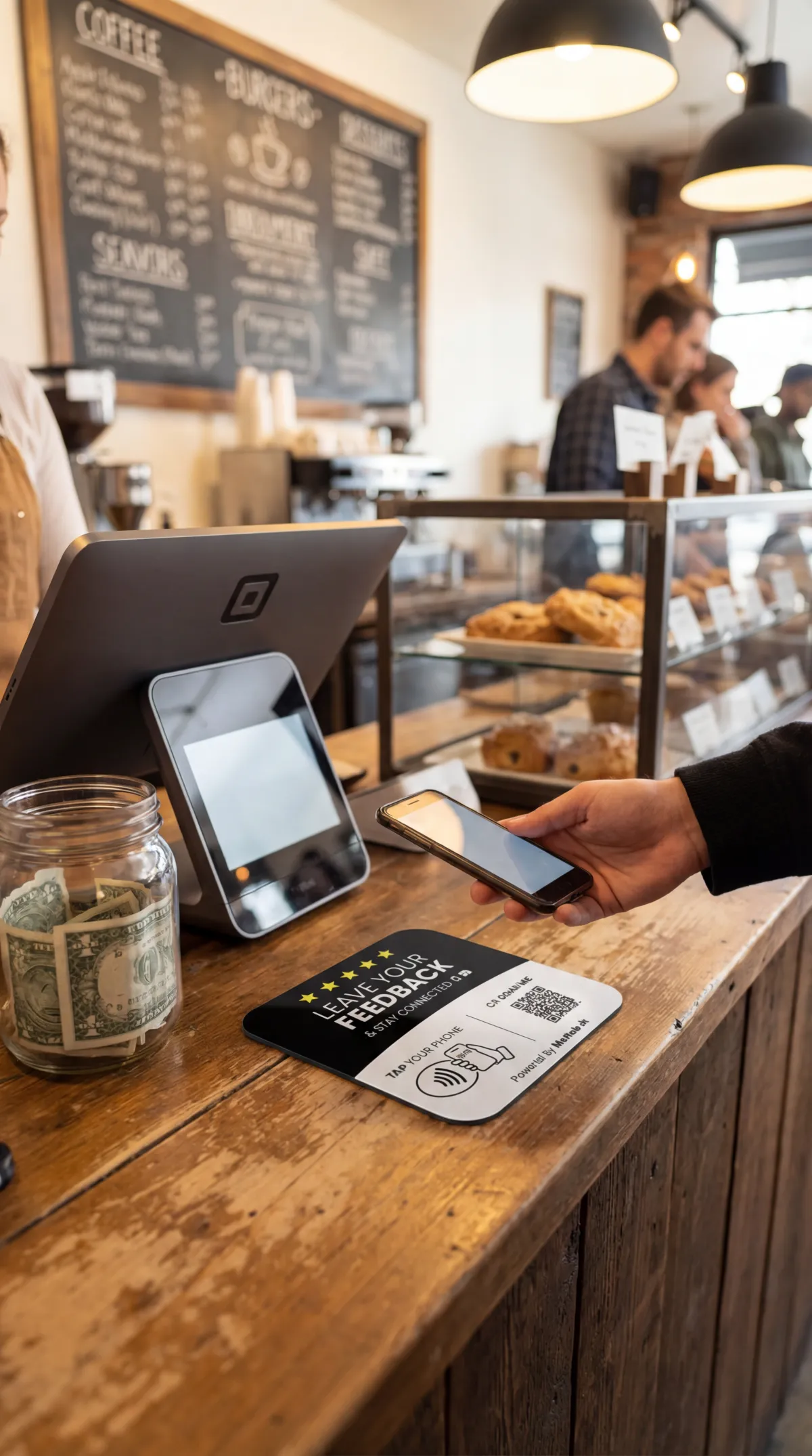 MaxTap NFC card placed on a reception counter with a customer tapping their phone
