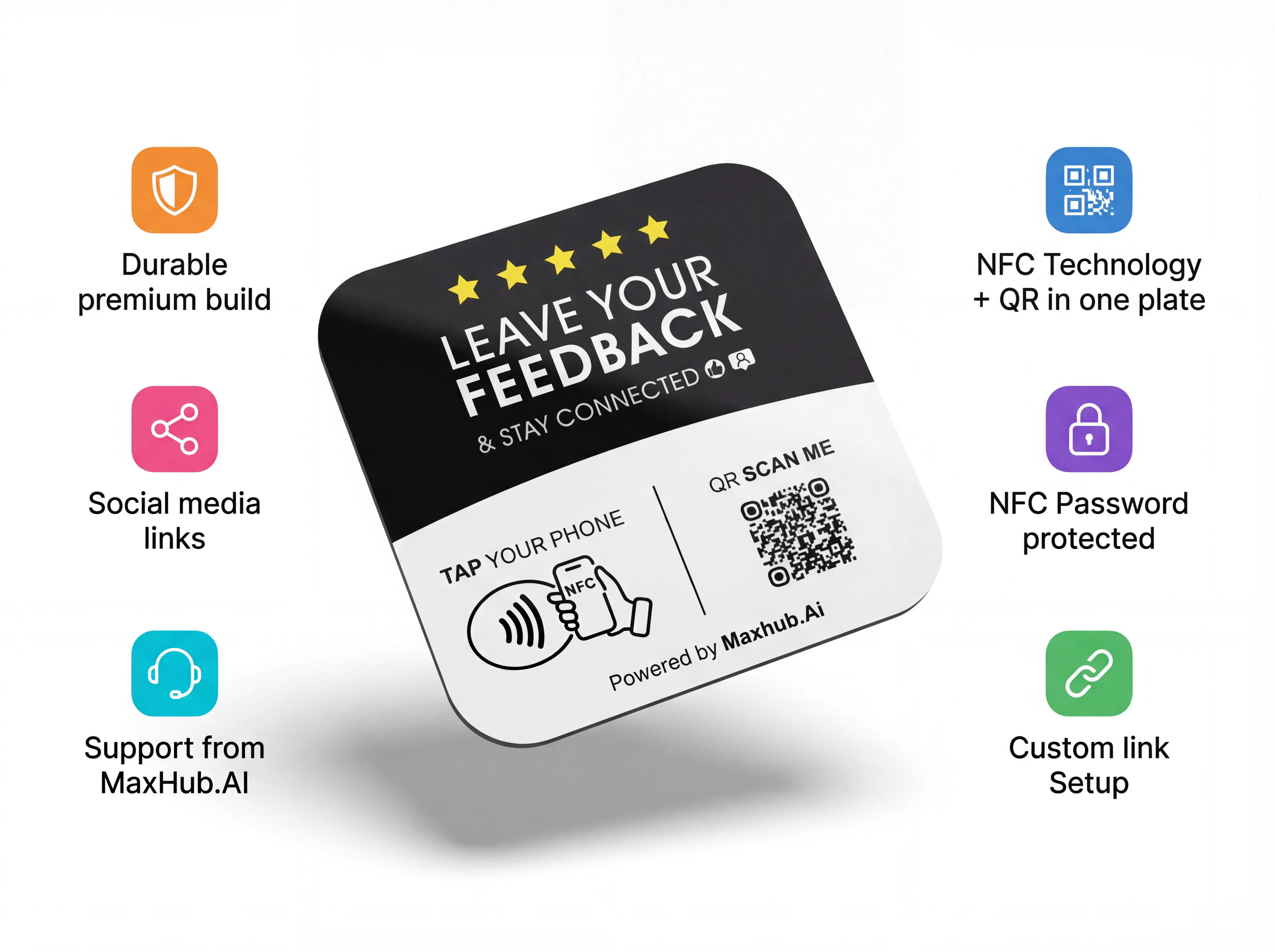 MaxTap NFC and QR review card — tap or scan to leave a Google review instantly