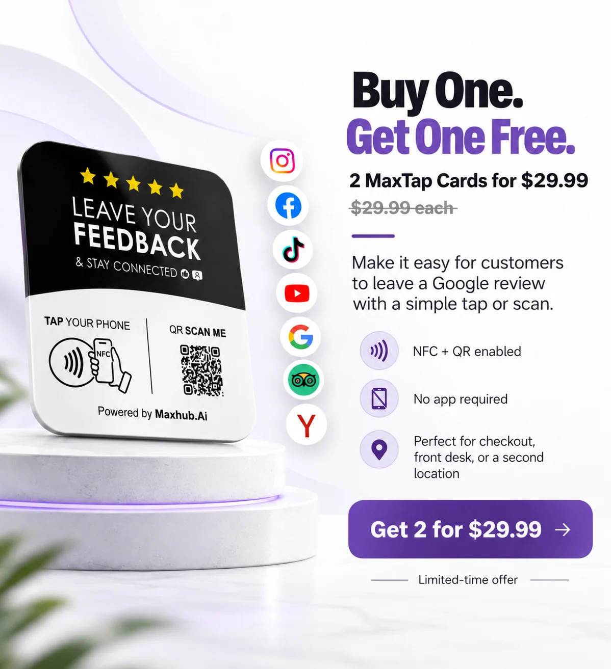 MaxTap NFC and QR review card — buy one, get one free, 2 MaxTap cards for $29.99
