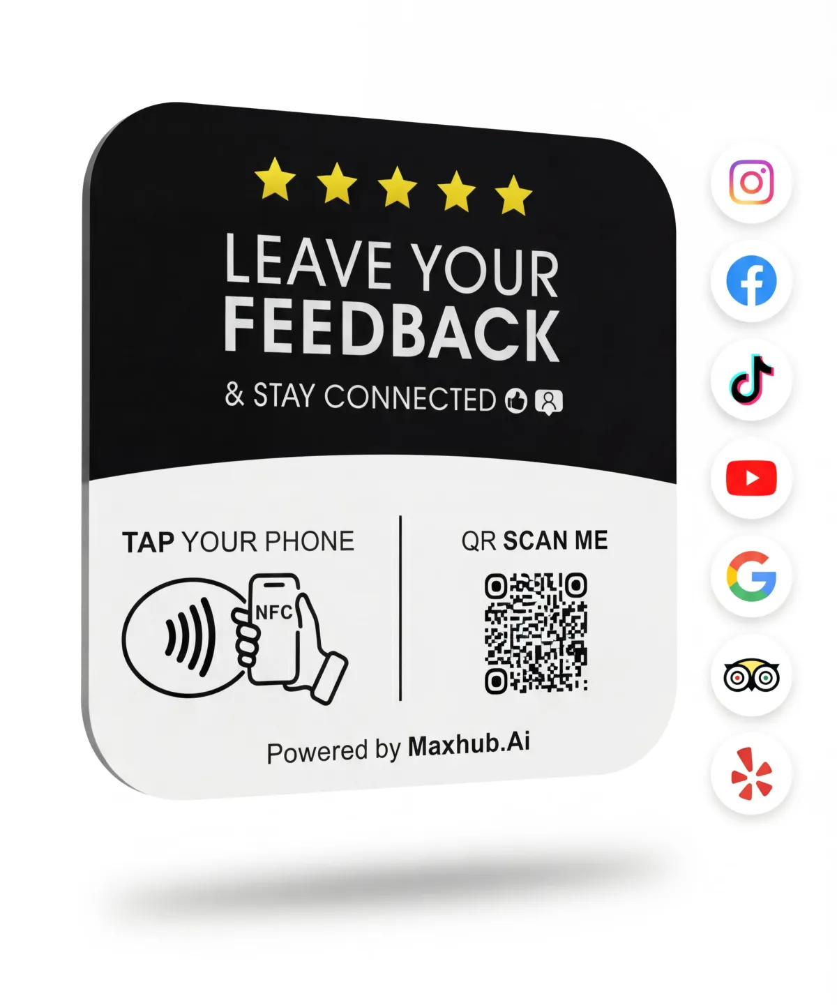 MaxTap NFC review card showing tap your phone and QR scan options with social media icons