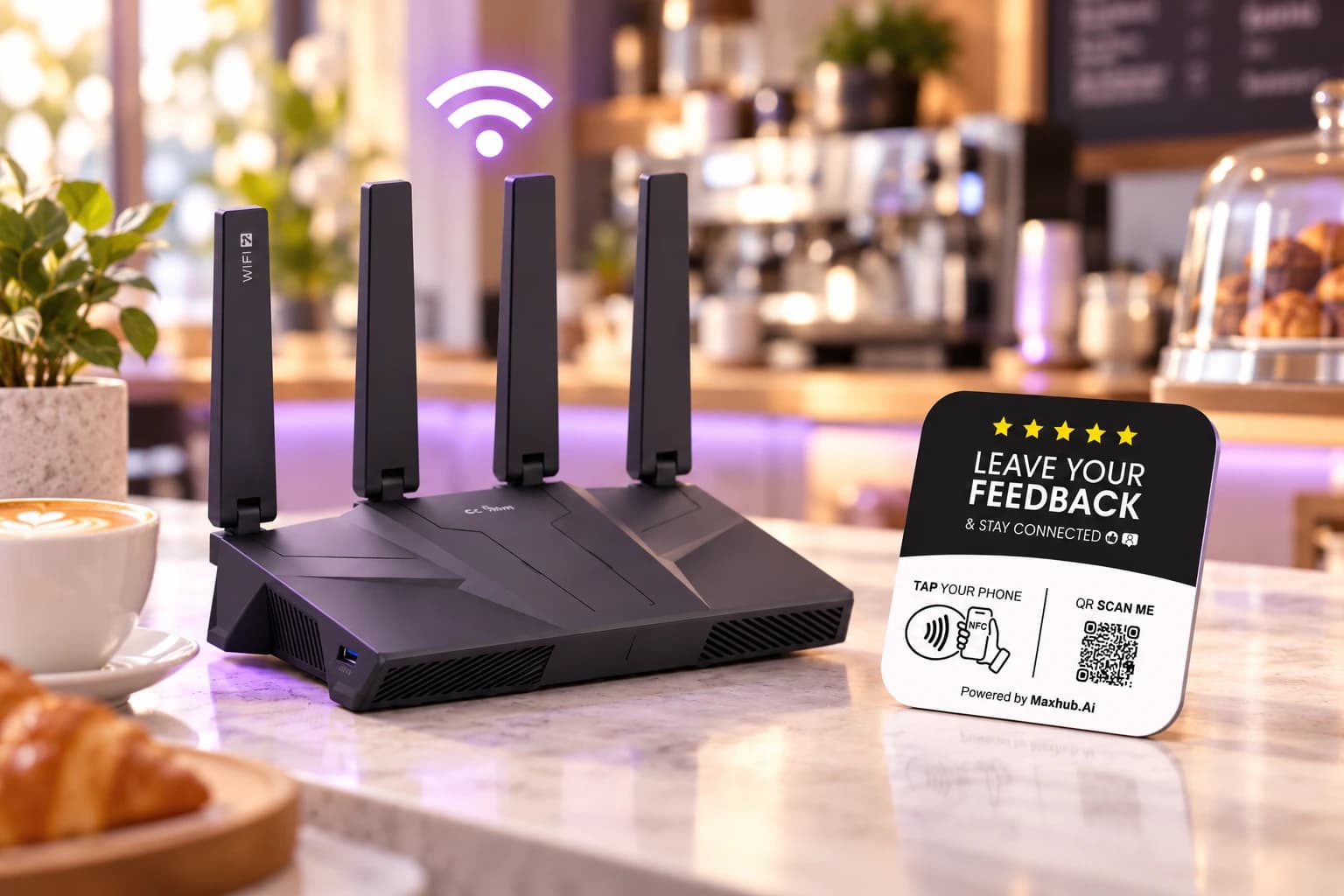 Карта для отзывов MaxTap Pro и Wi-Fi-устройство MaxGate на стойке кафе